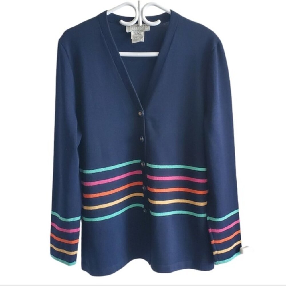 St. John Collection Wool-Blend Navy Striped Sweater Cardigan Size 14
